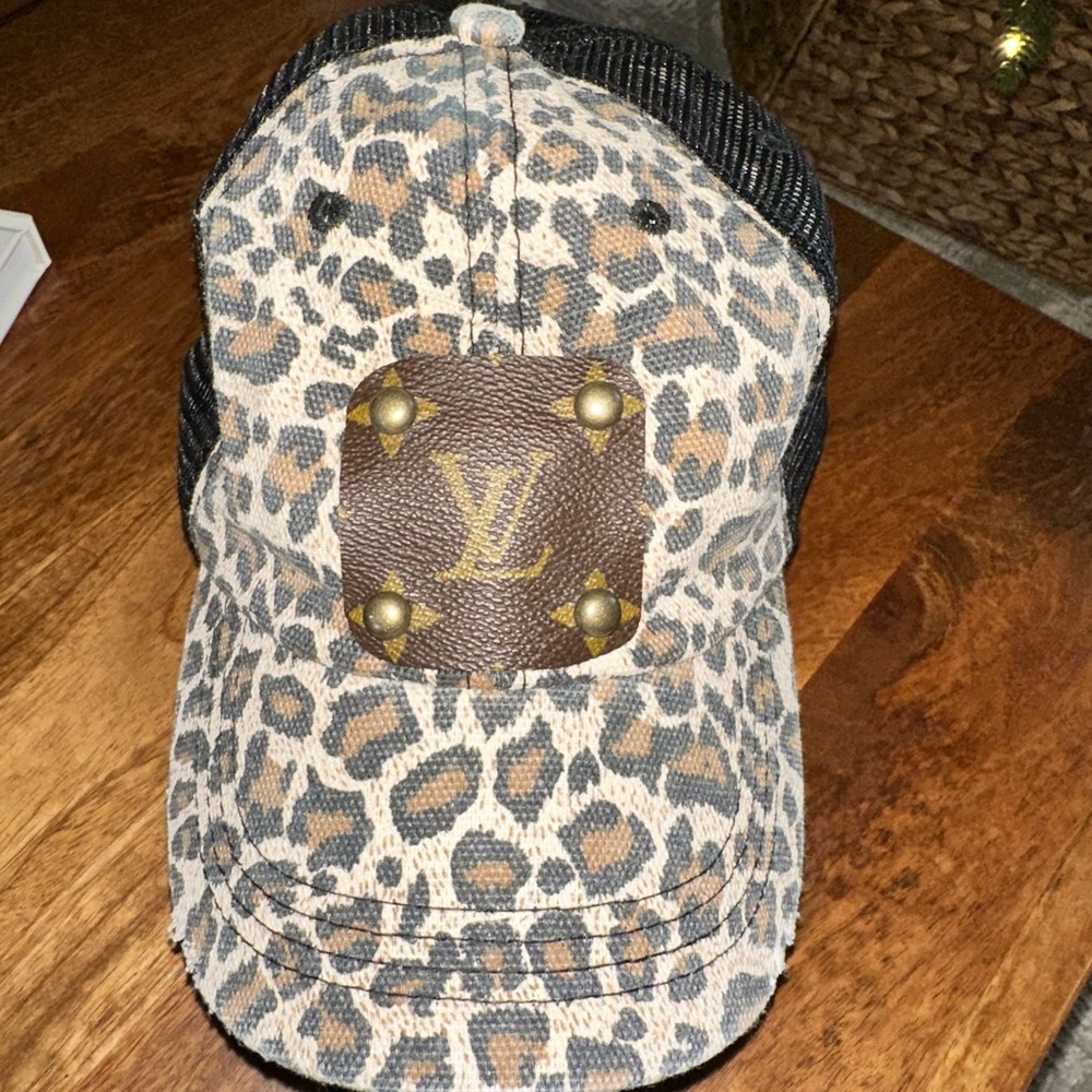 Upcycled Leopard Print Cap with Brown LV Logo Patch